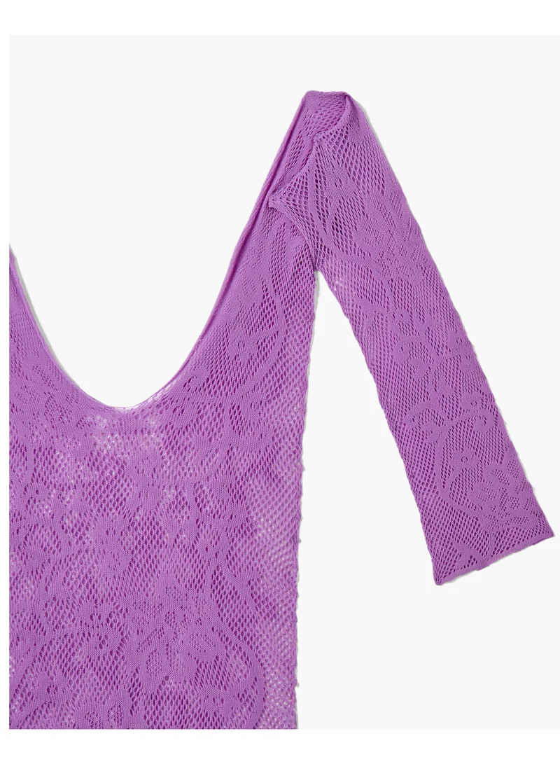 Splash FAV Textured Bodysuit with Scoop Neck and Long Sleeves