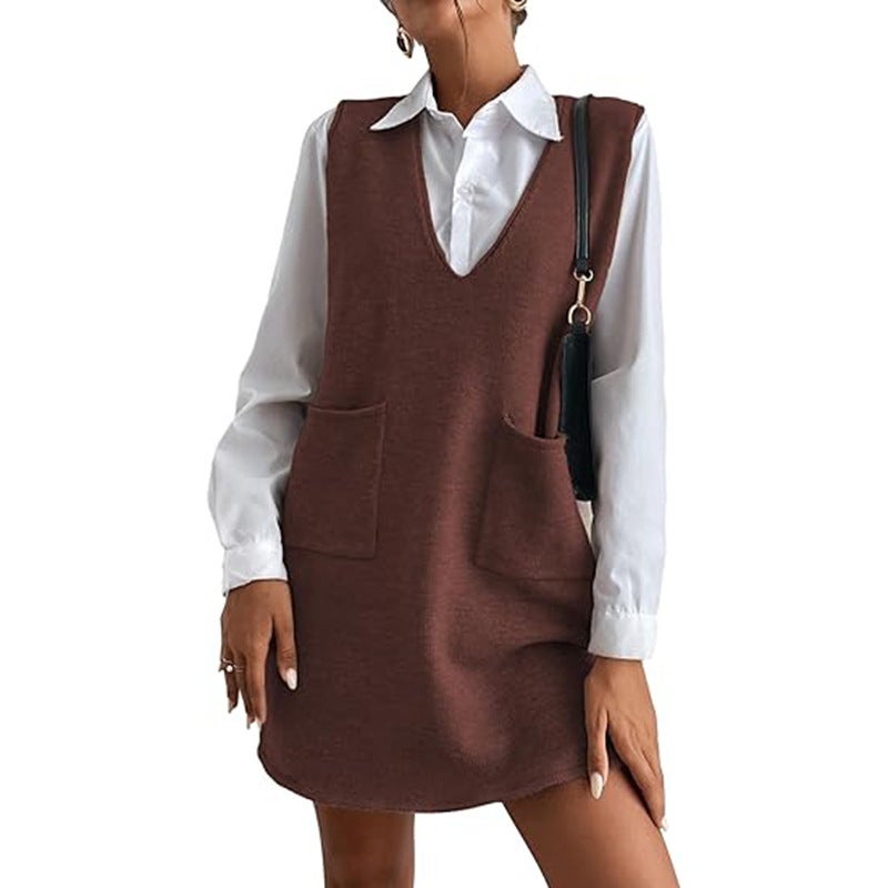 Vest skirt wool mid-length double-sided vest skirt autumn and winter new Korean solid color sleeveless all-match dress Brown