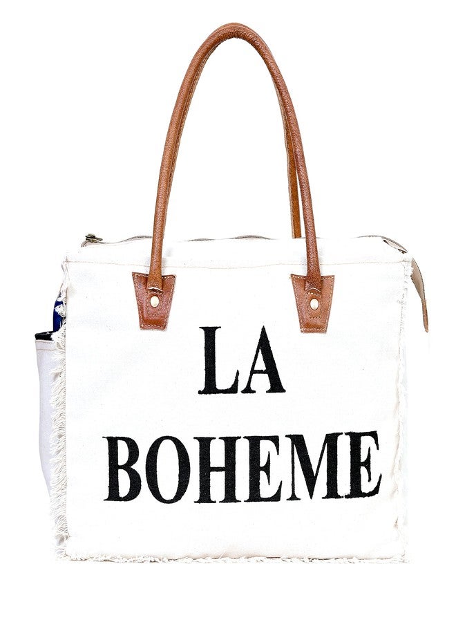 CREATIVE LEATHER ART La Boheme Canvas Tote Bag - Large 16"x5"x11" Shoulder Bag with Leather Handles - Stylish Travel, Work & Everyday Handbag for Women - White & Brown - Image 2
