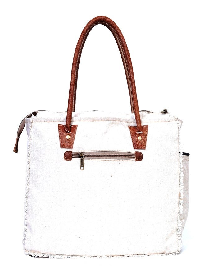 CREATIVE LEATHER ART La Boheme Canvas Tote Bag - Large 16"x5"x11" Shoulder Bag with Leather Handles - Stylish Travel, Work & Everyday Handbag for Women - White & Brown - Image 5