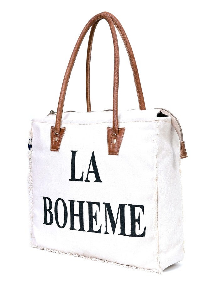 CREATIVE LEATHER ART La Boheme Canvas Tote Bag - Large 16"x5"x11" Shoulder Bag with Leather Handles - Stylish Travel, Work & Everyday Handbag for Women - White & Brown - Image 3