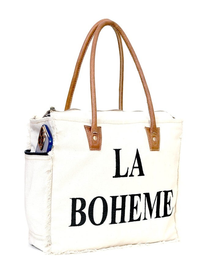 CREATIVE LEATHER ART La Boheme Canvas Tote Bag - Large 16"x5"x11" Shoulder Bag with Leather Handles - Stylish Travel, Work & Everyday Handbag for Women - White & Brown - Image 1