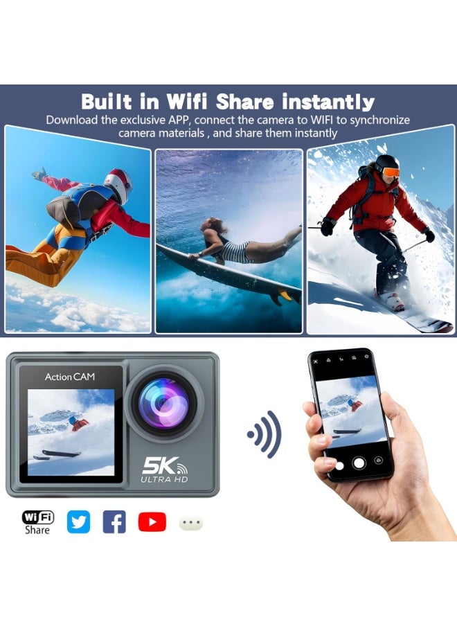 Action Camera WiFi, Action Cameras With 32GB SD Card, Dual Screen Sports Camera, Pocket Cam Video 5K 30FPS, Photo 50MP, Waterproof Camera Underwater 100FT, Vlog Camera 5X Digital Zoom, 170 ° Ultra Wide Angle, Camcorder EIS with Remote Control