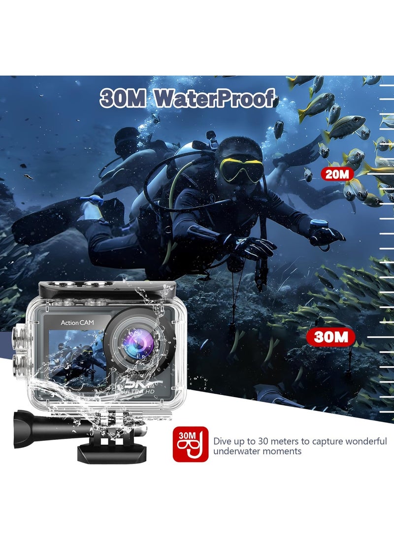 Action Camera WiFi, Action Cameras With 32GB SD Card, Dual Screen Sports Camera, Pocket Cam Video 5K 30FPS, Photo 50MP, Waterproof Camera Underwater 100FT, Vlog Camera 5X Digital Zoom, 170 ° Ultra Wide Angle, Camcorder EIS with Remote Control