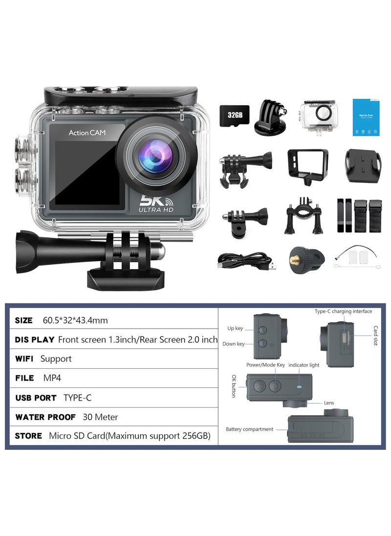 Action Camera WiFi, Action Cameras With 32GB SD Card, Dual Screen Sports Camera, Pocket Cam Video 5K 30FPS, Photo 50MP, Waterproof Camera Underwater 100FT, Vlog Camera 5X Digital Zoom, 170 ° Ultra Wide Angle, Camcorder EIS with Remote Control