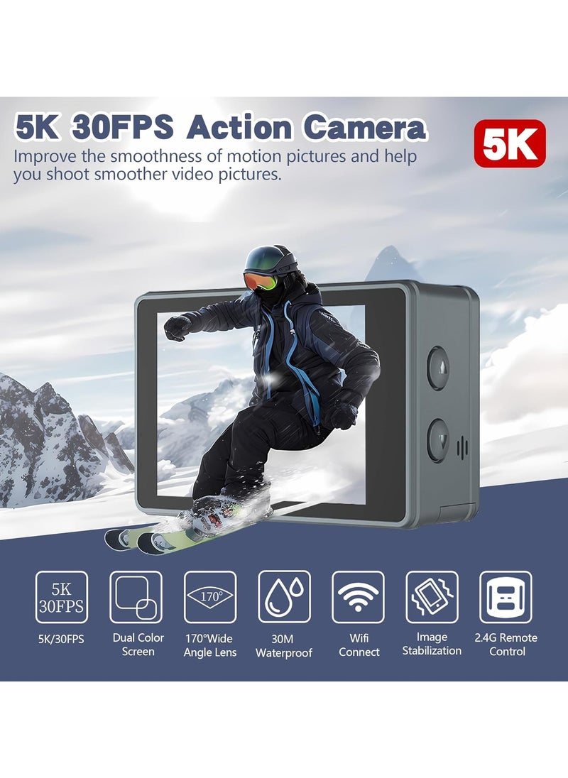 Action Camera WiFi, Action Cameras With 32GB SD Card, Dual Screen Sports Camera, Pocket Cam Video 5K 30FPS, Photo 50MP, Waterproof Camera Underwater 100FT, Vlog Camera 5X Digital Zoom, 170 ° Ultra Wide Angle, Camcorder EIS with Remote Control