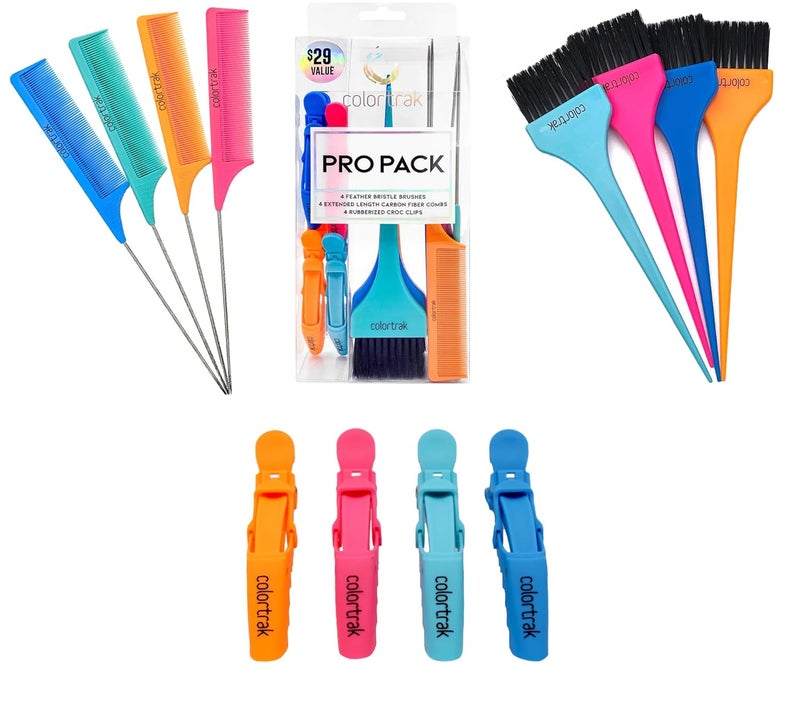 Colortrak Professional Hair Coloring Kit 12 Pieces Color Like a Pro with 4 Extended Length Carbon Fiber Combs 4 Feather Bristle Brushes 4 Rubberized Croc Clips