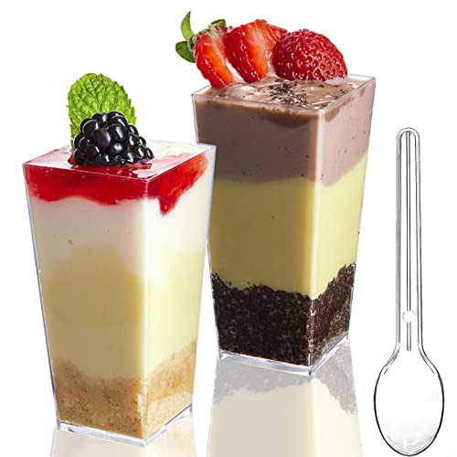 TOFLEN 50 Pack 3 oz Square Mini Dessert Cups with Spoons Clear Plastic Dessert Shooter Cups for for Party Yogurt Parfait Cheesecake Pudding Jello and Appetizers