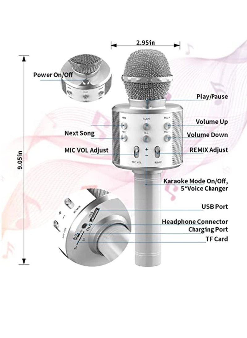 Yuwell Wireless Bluetooth Karaoke Microphone, 3-in-1 Portable Handheld Mic Speaker for All Smartphones Gifts For Girls Kids Wireless Speaker With Microphone WS-858 Silver  - Image 2