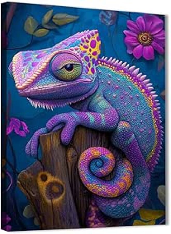 Skills Canvas Wall Art - Rainbow Chameleon Sitting on a Tree Trunk in a Fantasy Botanical Environment - Wall Art for Living Room, Bedroom, Office Decorations & More - Size (30cm x 40cm) 