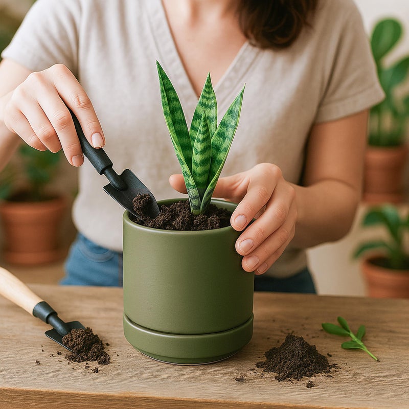 D'vine Dev 4.7 Inch Ceramic Planter Pot with Drainage Hole and Saucer, Indoor Cylinder Round Planter Pot, Olive, 94-O-B-J - Image 3