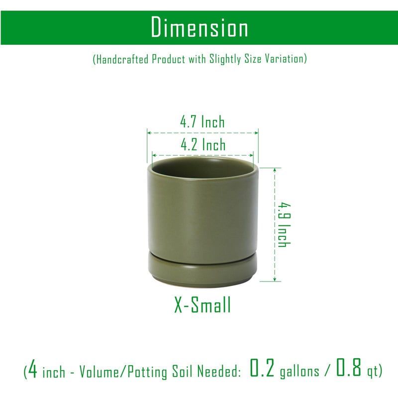 D'vine Dev 4.7 Inch Ceramic Planter Pot with Drainage Hole and Saucer, Indoor Cylinder Round Planter Pot, Olive, 94-O-B-J - Image 2