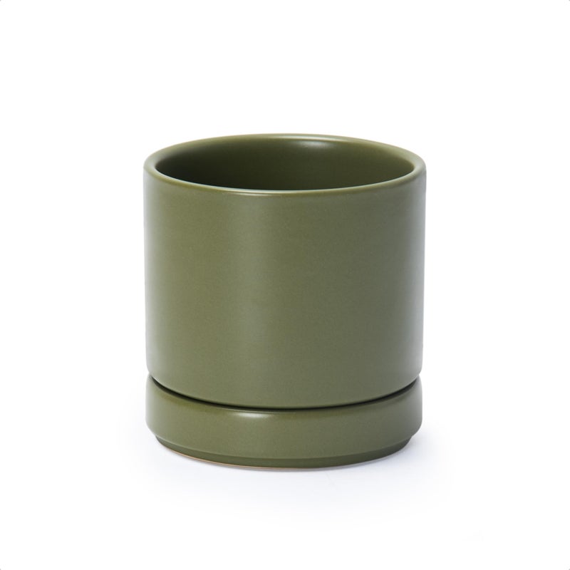 D'vine Dev 4.7 Inch Ceramic Planter Pot with Drainage Hole and Saucer, Indoor Cylinder Round Planter Pot, Olive, 94-O-B-J - Image 1