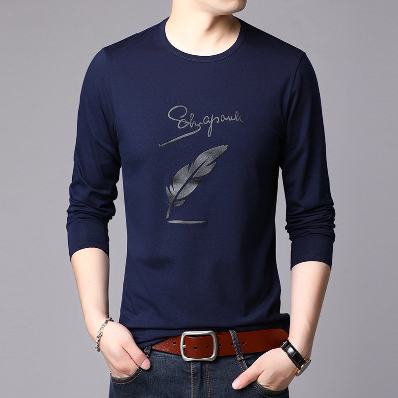 Pure cotton long-sleeved t-shirt men's spring and autumn round-neck casual cotton T-shirt hoodie youth top base shirt - Image 1