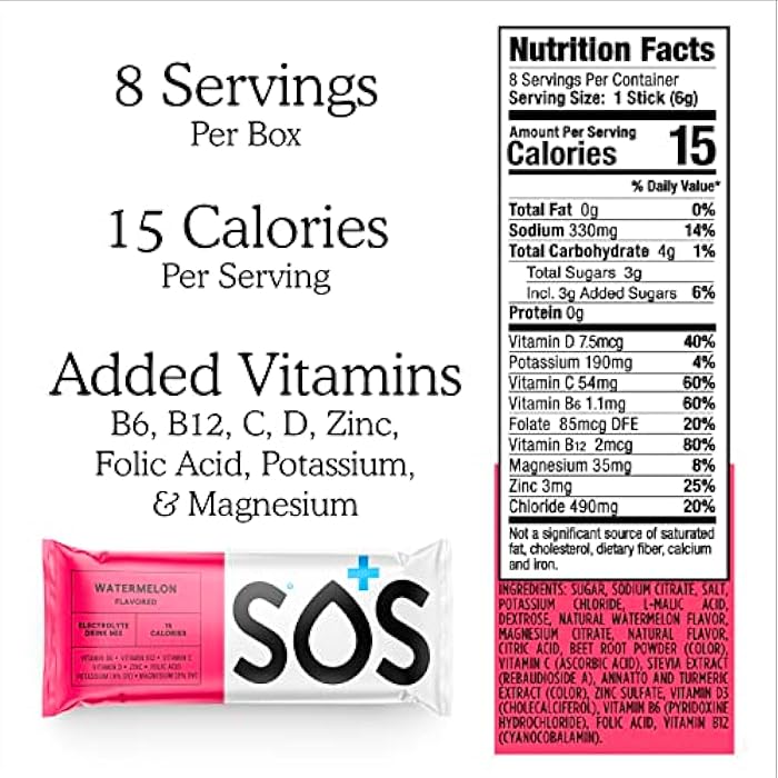 SOS Hydration Electrolyte Powder Packets, Watermelon Flavor, 8 Stick Packs – Low-Calorie, Rapid Rehydration, Made in USA, Keto & Vegan Friendly - Image 2