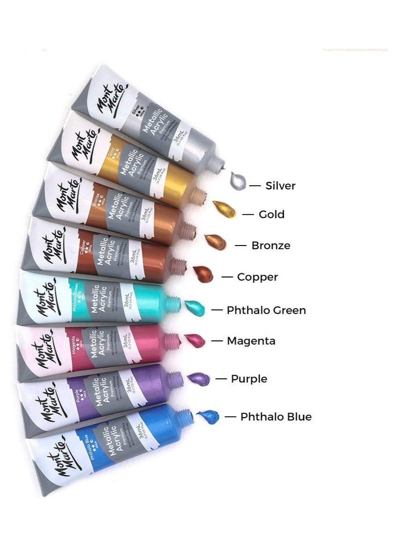 Mont Marte MONT MARTE Metallic Acrylic Paint Set 8 Piece x 36 ml Tubes, Lightfast Colors with Smooth Consistency and Opaque Metallic Finish  - Image 5