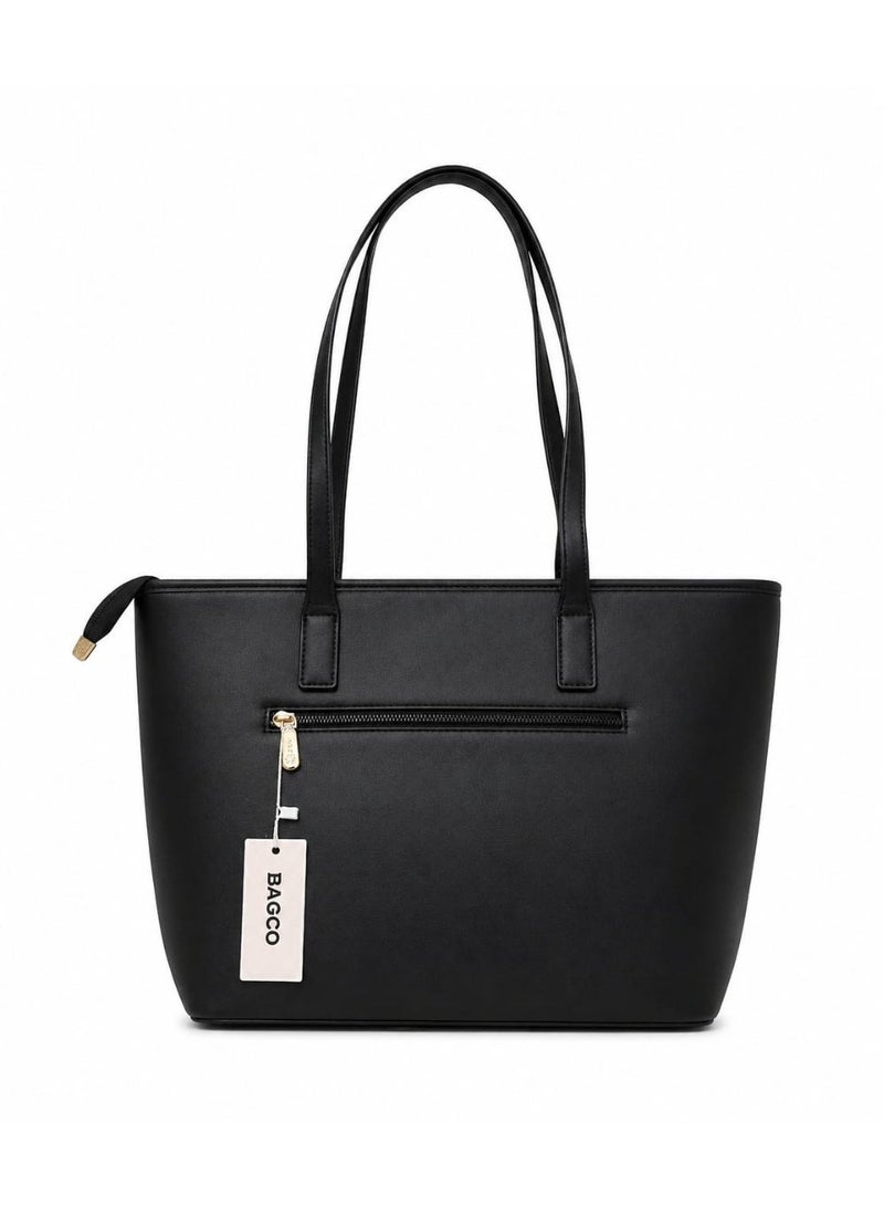 BAGCO Classic Black Tote Bag for Women – Premium PU Leather Shoulder Bag with Decorative Strap - Image 2
