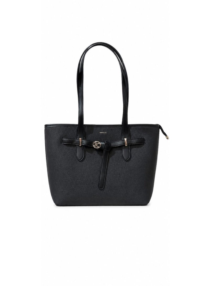 BAGCO Classic Black Tote Bag for Women – Premium PU Leather Shoulder Bag with Decorative Strap - Image 1
