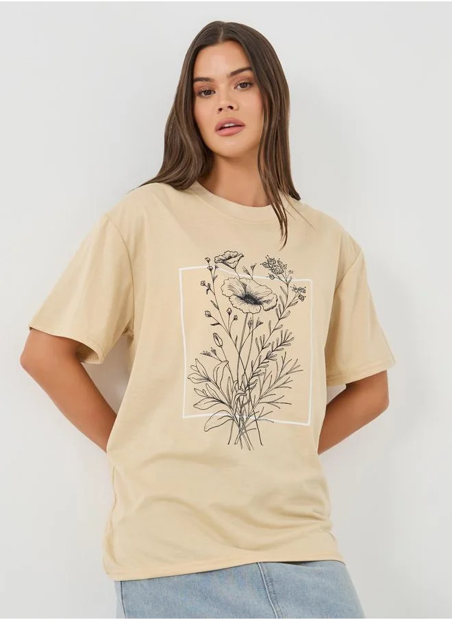 ستايلي Styli Graphic Print Round Neck T-Shirt