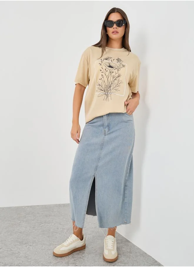 ستايلي Styli Graphic Print Round Neck T-Shirt