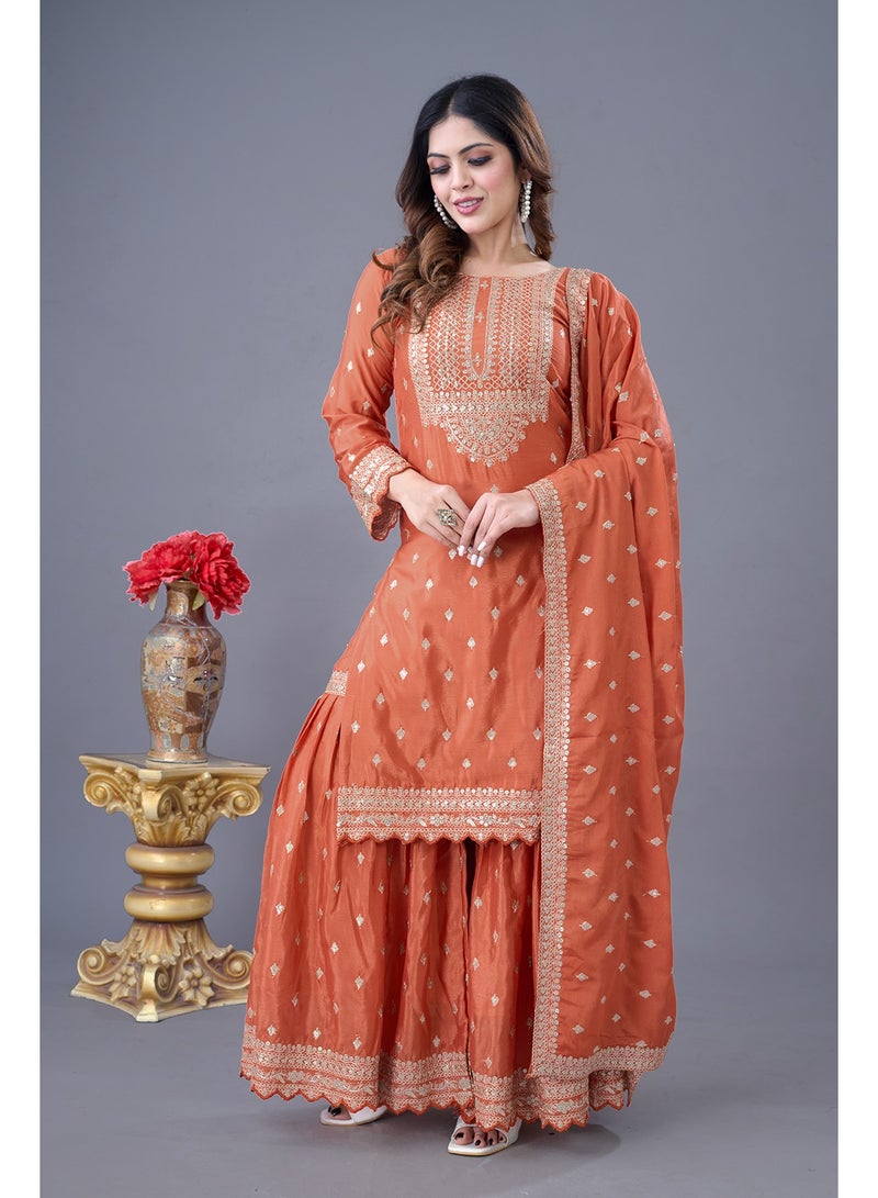 Super Asian New Designer Party Wear: Heavy Chinnon Silk Embroidered Top, Sharara & Lace-Trimmed Dupatta Set - Image 2