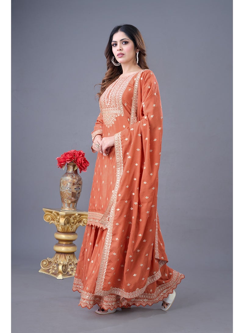 Super Asian New Designer Party Wear: Heavy Chinnon Silk Embroidered Top, Sharara & Lace-Trimmed Dupatta Set - Image 3