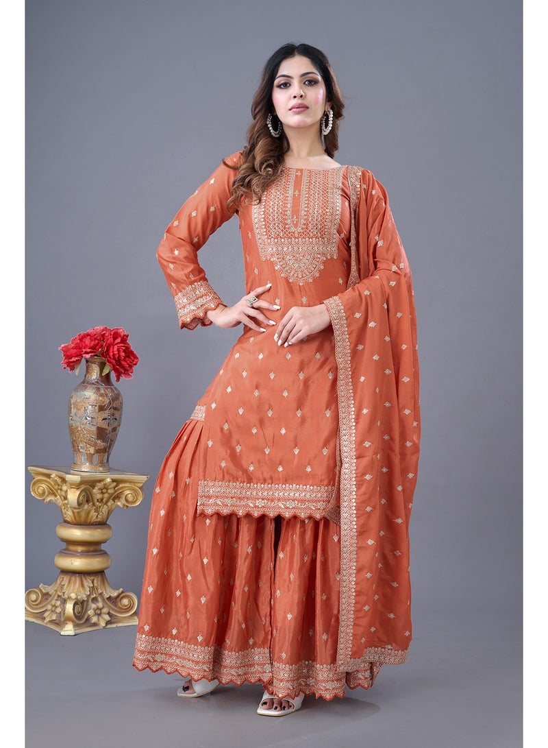 Super Asian New Designer Party Wear: Heavy Chinnon Silk Embroidered Top, Sharara & Lace-Trimmed Dupatta Set - Image 1