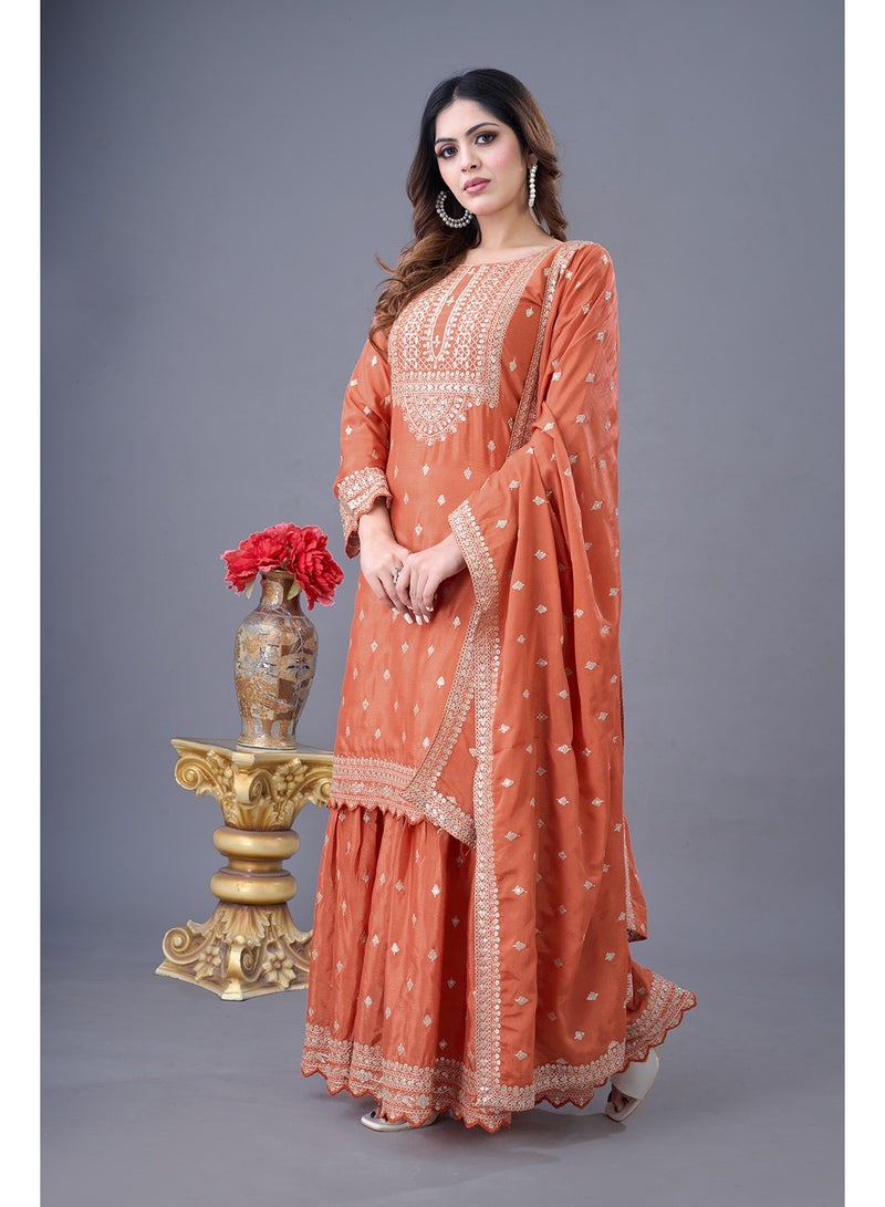 Super Asian New Designer Party Wear: Heavy Chinnon Silk Embroidered Top, Sharara & Lace-Trimmed Dupatta Set - Image 4
