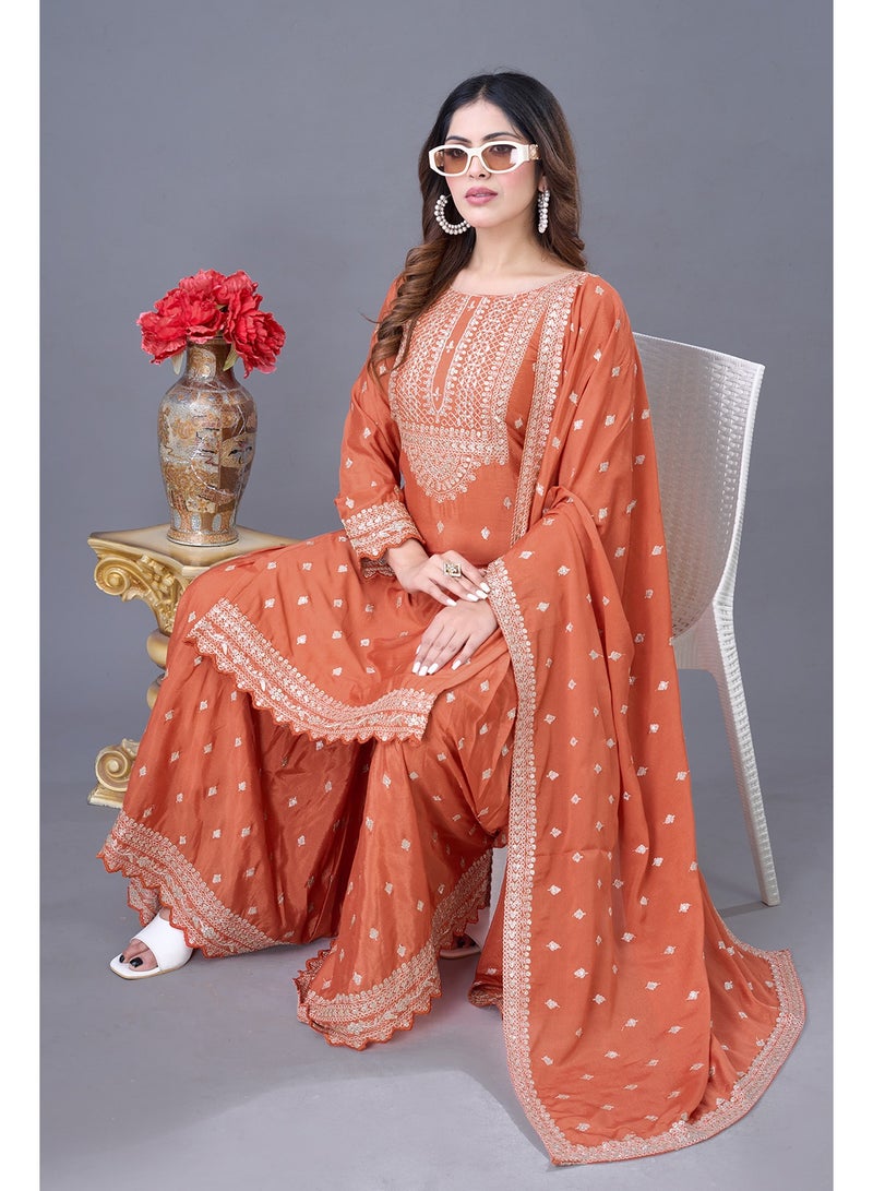 Super Asian New Designer Party Wear: Heavy Chinnon Silk Embroidered Top, Sharara & Lace-Trimmed Dupatta Set - Image 5