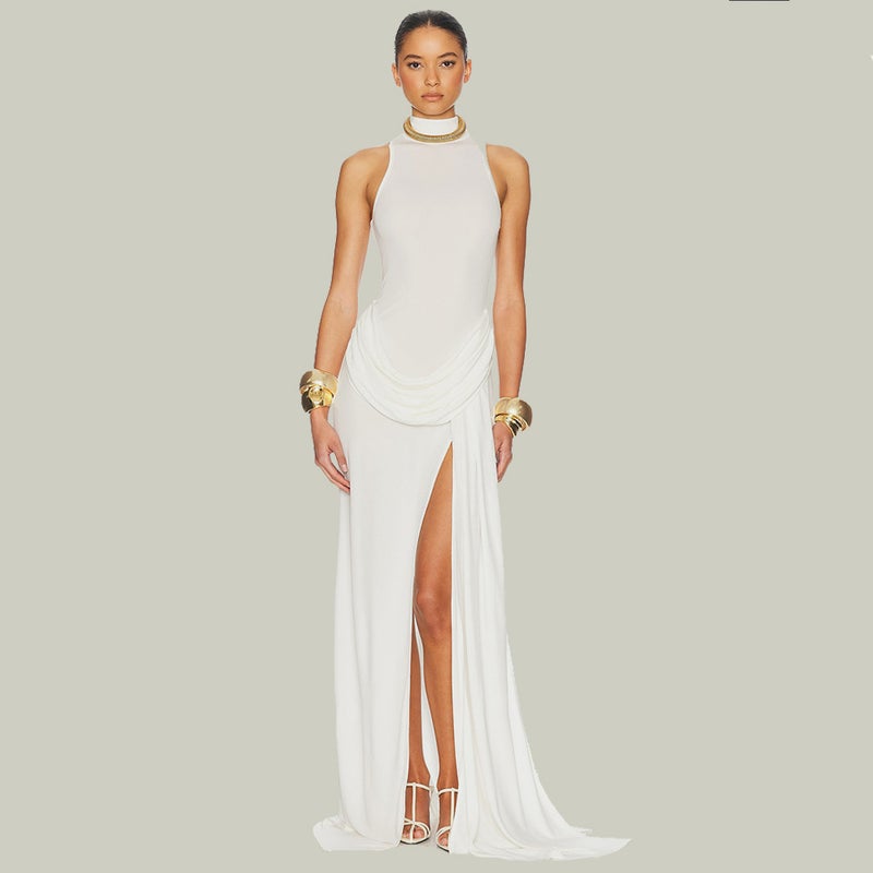 Women's Solid High Waist Sleeveless Pleated Long Dress with Slit - Image 1