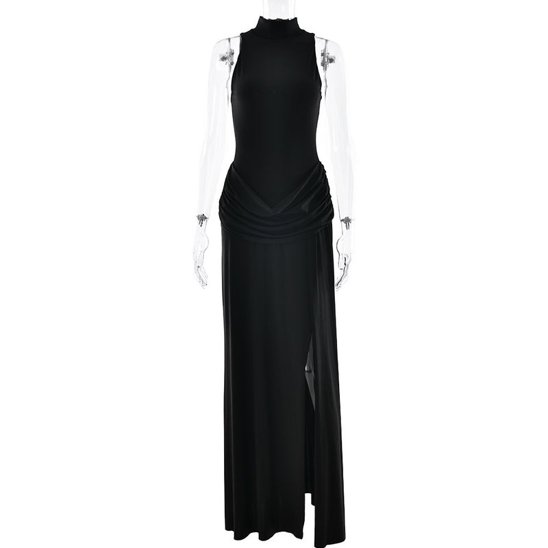 Women's Solid High Waist Sleeveless Pleated Long Dress with Slit - Image 5