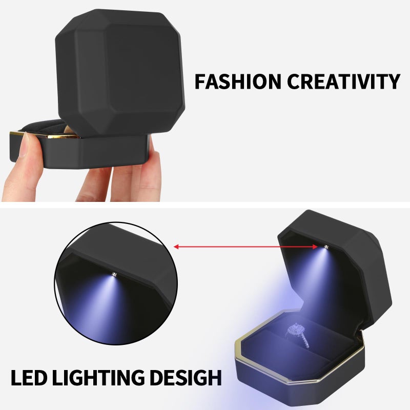 LETURE Luxury LED Jewelry Ring Box, Velvet Ring Gift Box Storage Case Organizer Holder for Proposal Engagement Wedding Anniversary Birthday Ceremony (Black) - Image 3