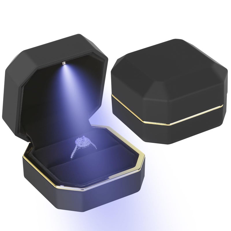 LETURE Luxury LED Jewelry Ring Box, Velvet Ring Gift Box Storage Case Organizer Holder for Proposal Engagement Wedding Anniversary Birthday Ceremony (Black) - Image 1