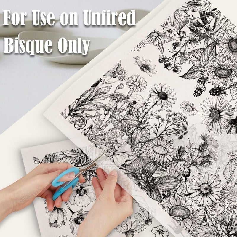 SUPERDANT 4PCS Wild Flowers Underglaze Paper Transfer Plants Transfer Paper for Clay Ceramic Porcelain Under Glaze Transfers for Pottery Enamel Decals Black Underglaze Decal Papers Handcrafted Gifts - Image 3