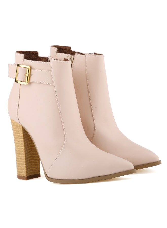 Loquat Autumn/Winter Pointed Toe Wood Grain Block Heel Ankle Boots 11cm Nude  - Image 1