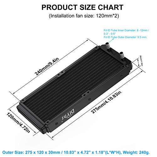 DIYhz Water Cooling Computer Radiator, 12 Pipe Aluminum Heat Exchanger Liquid Cooling Radiator Heat Sink 240mm for CPU PC Laser Water Cool System DC12V Black with Tube - Image 2
