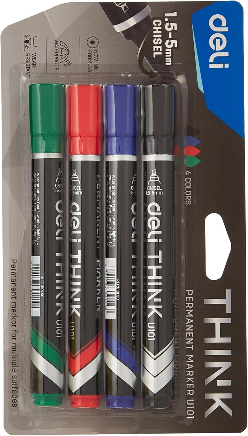 ديلي مجموعة أقلام تحديد دائمة برأس إزميل رفيع، 4 قطع، مقاس 1.5-5 مم، أسود/أزرق/أحمر/أخضر، متعدد الألوان - Image 1