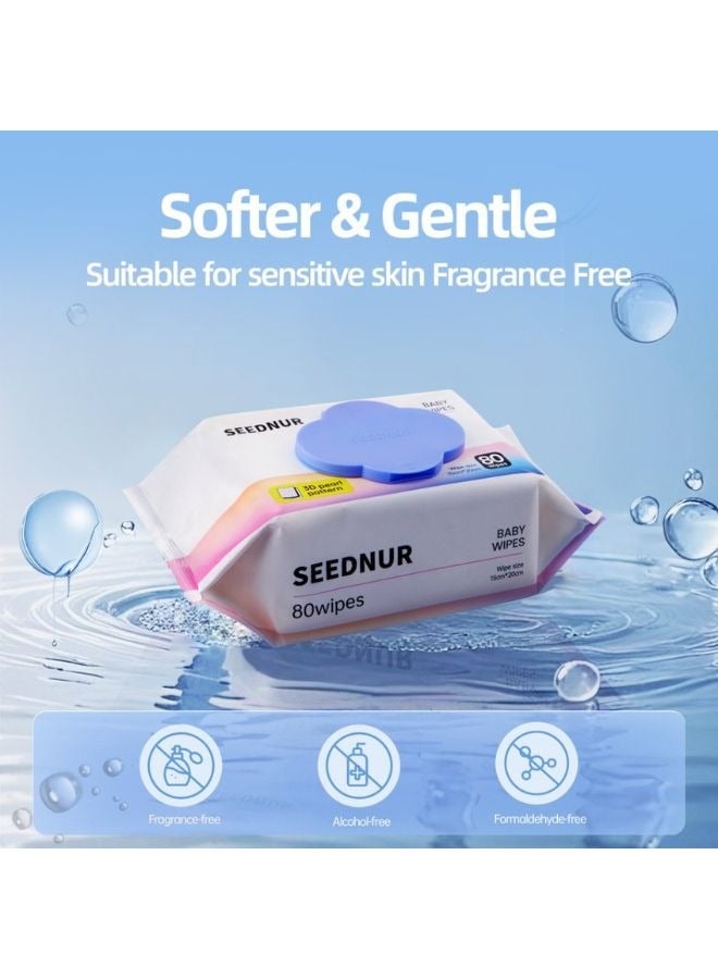 Seednur Baby Water Wipes, Suitable for Sensitive Skin, Fragrance Free (80 Wipes/Bag) - Image 2