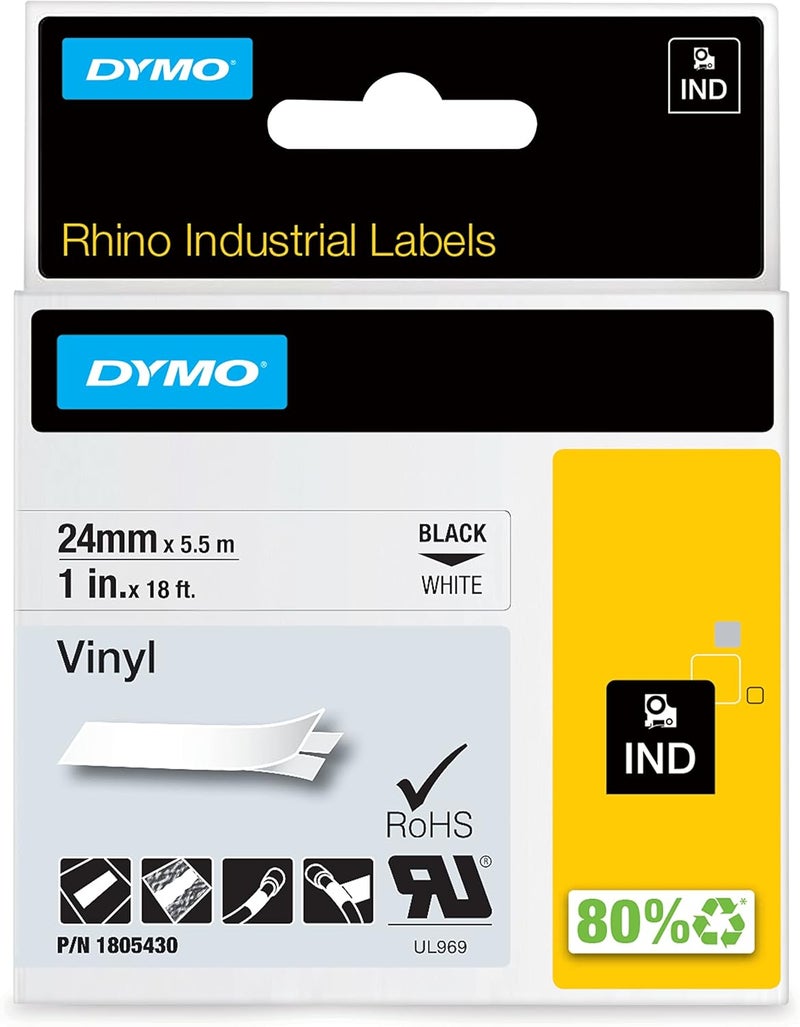 Dymo Rhino Industrial Label Tape - 24mm Black on White Vinyl, 3/8-Inch Adhesive Cassette - Image 1