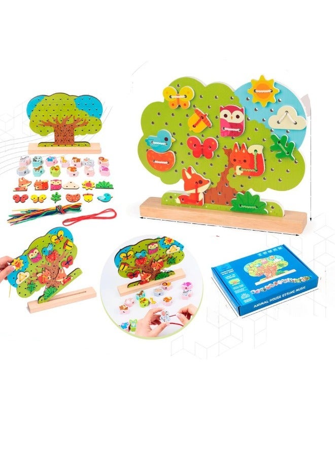 Toy Box Wooden Skill Preschool Activity Threading Toys Lace Up Tree Rope Threading Game For Toddlers 
