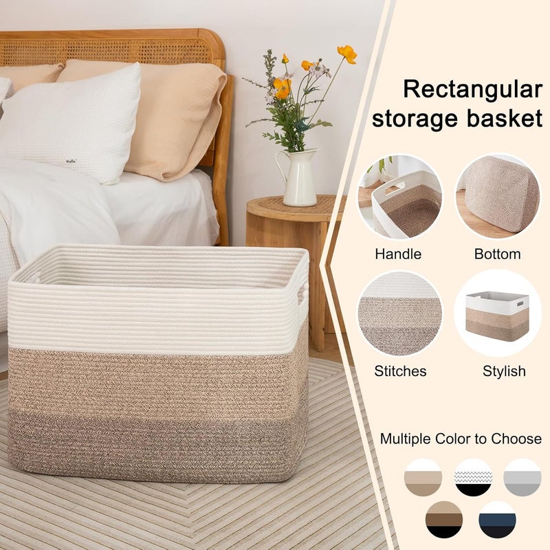OIAHOMY Large Cotton Rope Basket, Rectangle Woven Baskets for Storage, Nursery Blanket Basket Living Room, Toy Basket With Handle, Baskets for Organizing-24.8”x15.7”x15.7”-Gradient Yellow - Image 5