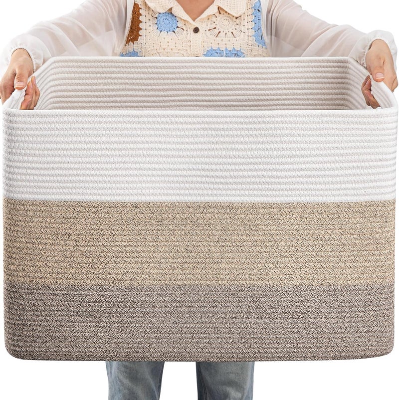 OIAHOMY Large Cotton Rope Basket, Rectangle Woven Baskets for Storage, Nursery Blanket Basket Living Room, Toy Basket With Handle, Baskets for Organizing-24.8”x15.7”x15.7”-Gradient Yellow - Image 1