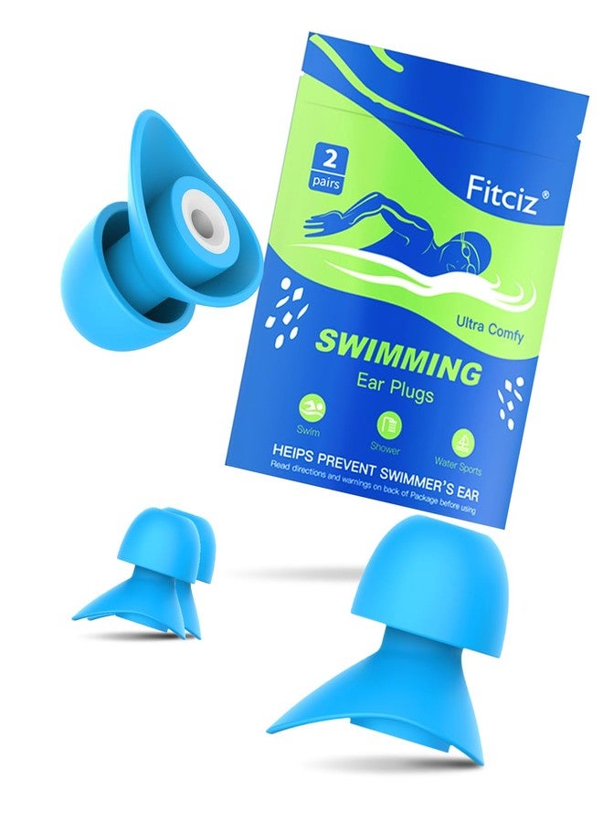 Fitciz Swimming Ear Plugs for Adults, 2 Pairs Waterproof Earplugs in Case for Swimmers, Men, Women, Washable, Reusable, Comfortable (Size: S+M, Sky Blue for Women) - Image 1