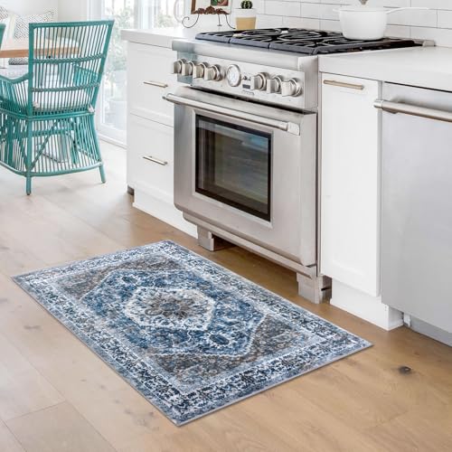 KOZYFLY Small Area Rug 2x3 Ft Rugs for Entryway Washable Boho Entry Rug Non Slip Door Mat Indoor Entrance Blue Printed Faux Wool Vintage Printed Kitchen Rug Throw Rugs for Entrance Kitchen Bathroom - Image 3