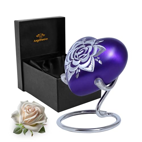 ANGELFOREVER ANGELFOREVER Rose Heart Urns for Human Ashes Adult Female  Male  Handcrafted Small Urn Heart Shaped Metallic  Funeral Rose Urn for Ashes Men  Women  Decorative Heart Urn Stand Purple Small 