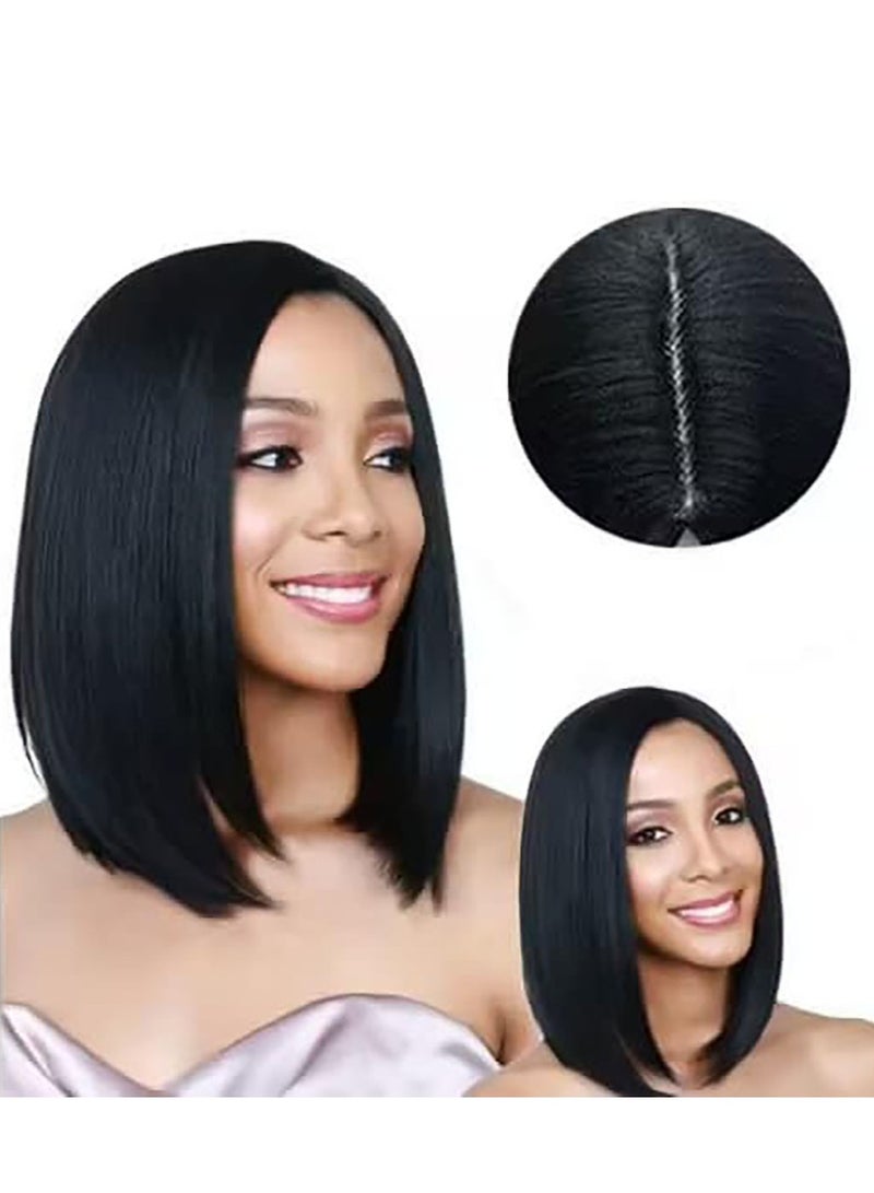 إستيل شعر مستعار بوبو مقاوم للحرارة من الألياف للنساء، شعر مستعار كامل ذو مظهر طبيعي للاستخدام اليومي، أسود قصير بوبو بدون هامش - Image 1