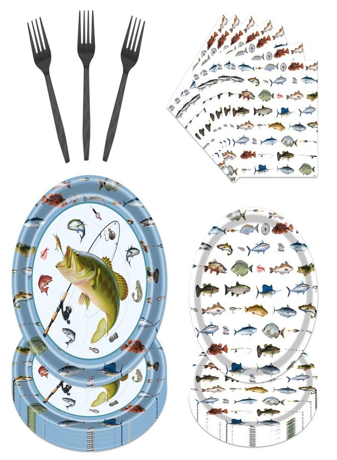 Rakuto Gone Fishing Party Plates, 96PCS Fishing Birthday Party Decorations Supplies, Fish Themed Paper Plates and Napkins Forks Disposable Tableware Supplies(24 Guests) - Image 1