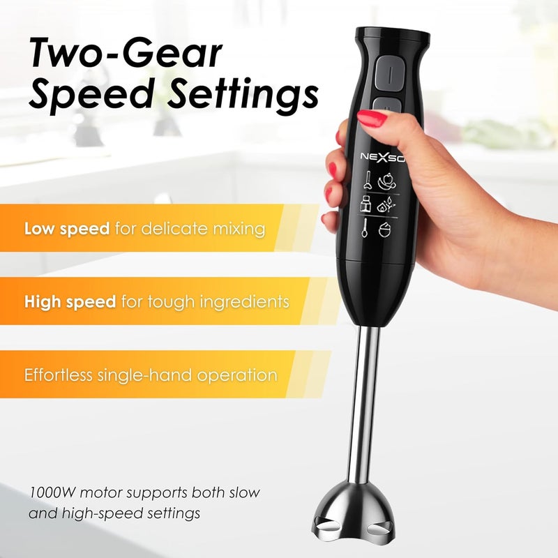Nexso 1000W 4-in-1 Hand Blender Set - High Torque Motor, Two Speed Control, Stainless Steel Blades, 20 Ounce Cup, 17 Ounce Cup, Egg Whisk - Perfect - Image 5