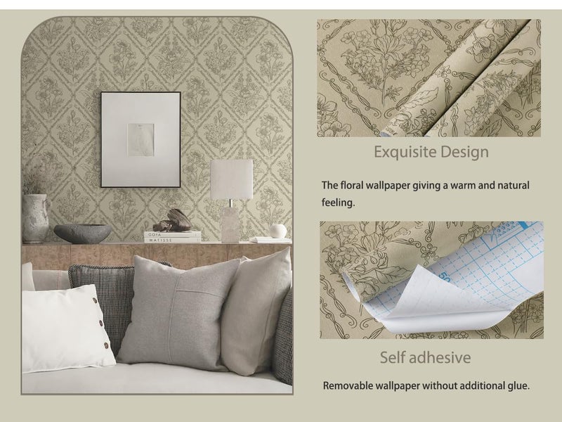 Kitico Peel and Stick Wallpaper Vintage Bohemian Wallpaper Brown Contact Paper Flower Removable Waterproof Bathroom/Bedroom Cabinets Self Adhesive Vinyl 17.3 inches x197 inches - Image 2