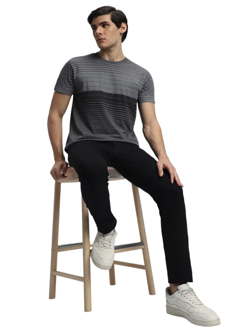 Dennis Lingo Grey Slim Fit Striped Crew Neck T-shirt for Men - 100% Cotton, Short Sleeve, Casual